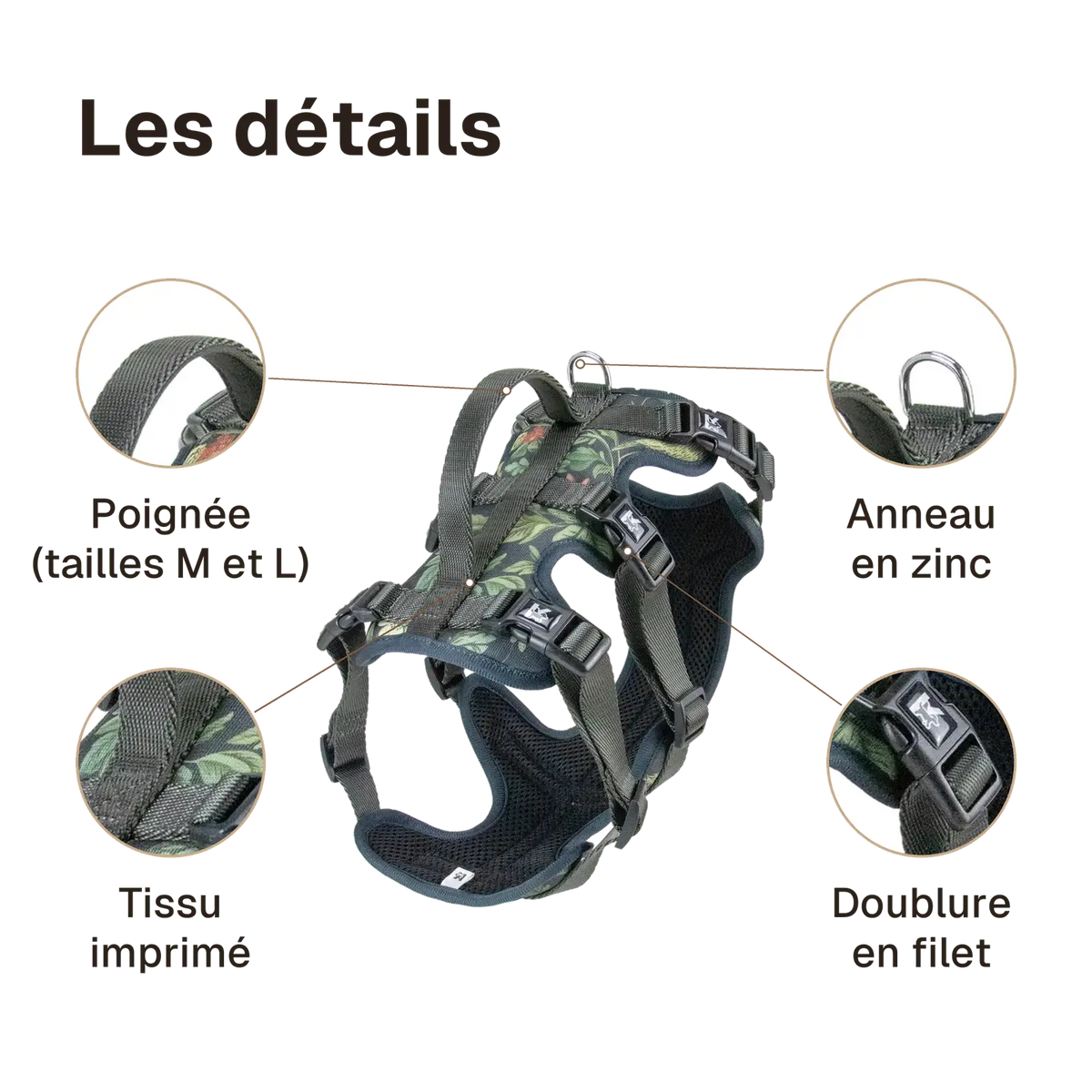 Les détails du harnais 3 points imprimé : poignée (tailles M et L), anneau en zinc, doublure en filet, tissu imprimé