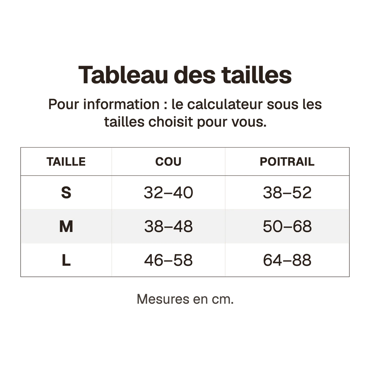 Tableau des tailles du harnais 3 points imprimé en cm, pour information : le calculateur sous les tailles choisit pour vous