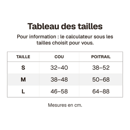 Tableau des tailles du harnais 3 points imprimé en cm, pour information : le calculateur sous les tailles choisit pour vous