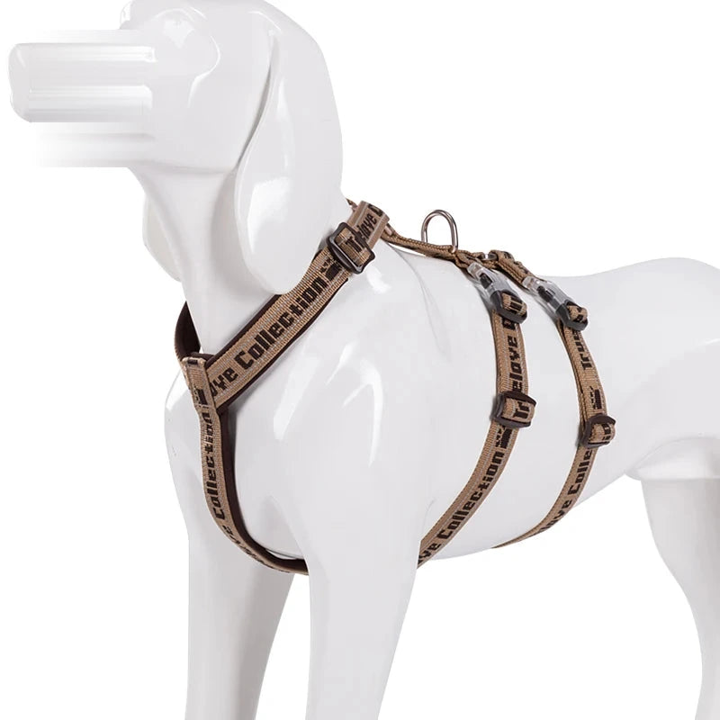 Harnais chien 3 points néoprène, coloris marron, sur mannequin