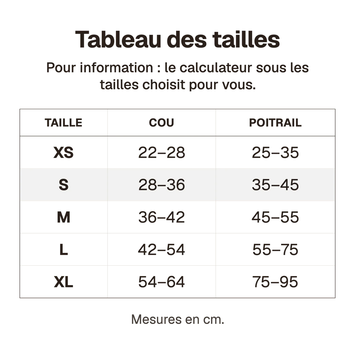 Tableau des tailles du harnais 3 points néoprène en cm, pour information : le calculateur sous les tailles choisit pour vous