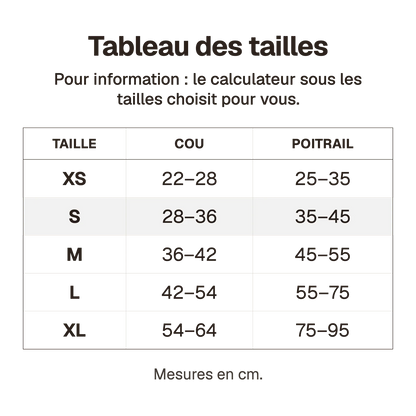 Tableau des tailles du harnais 3 points néoprène en cm, pour information : le calculateur sous les tailles choisit pour vous