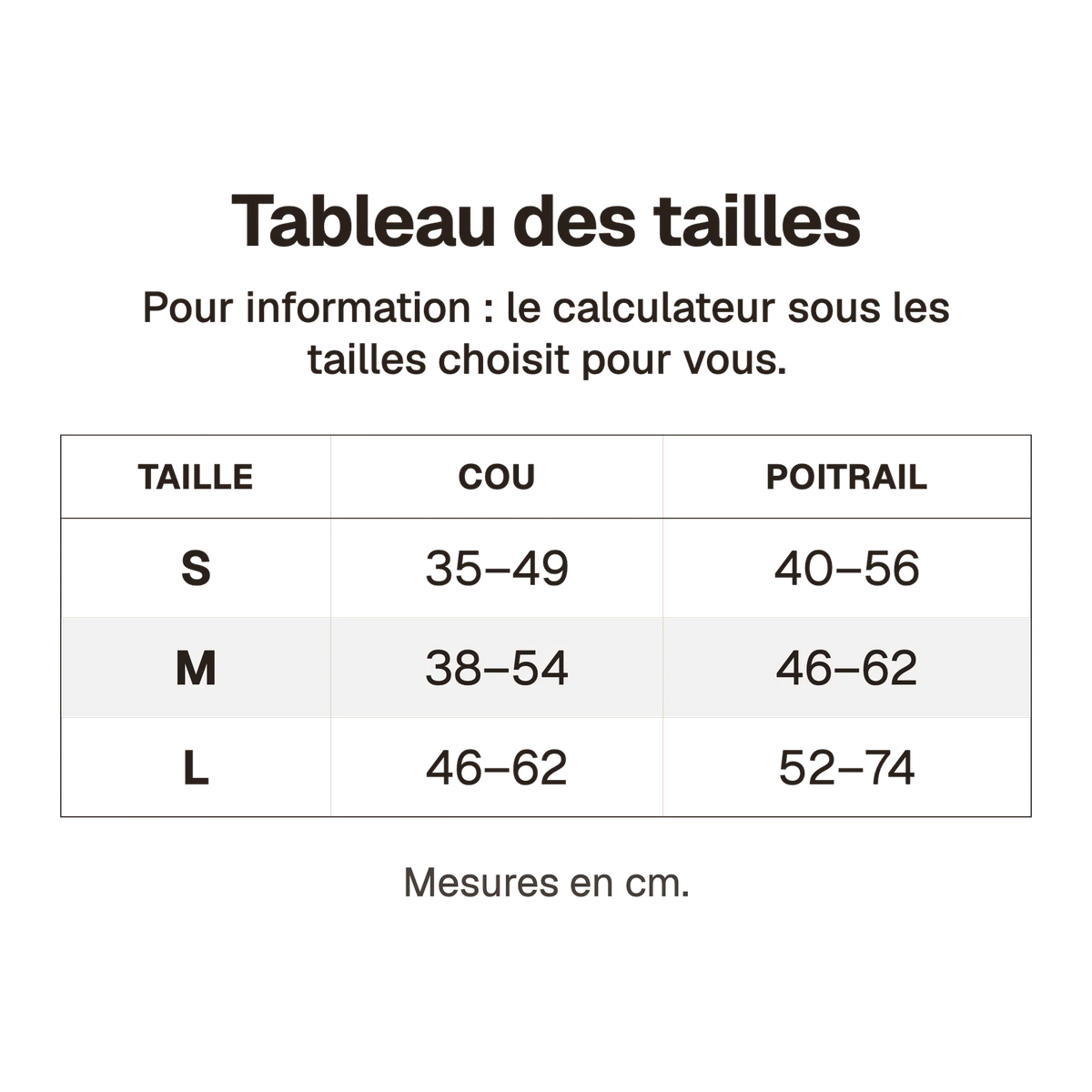Tableau des tailles du harnais 3 points oxford en cm, pour information : le calculateur sous les tailles choisit pour vous