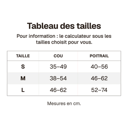 Tableau des tailles du harnais 3 points oxford en cm, pour information : le calculateur sous les tailles choisit pour vous