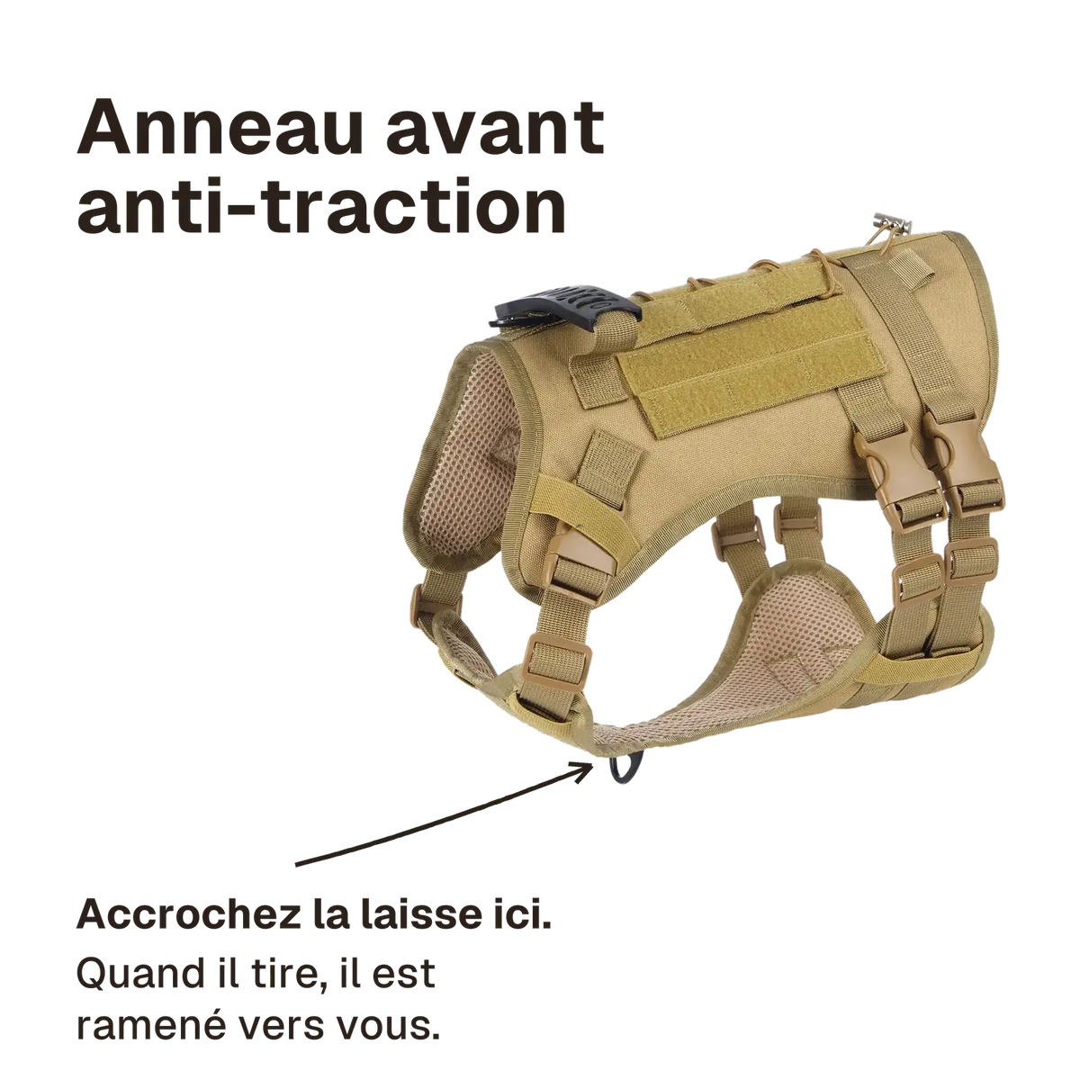 Harnais 3 points tactique : accrochez la laisse à l'anneau avant, quand il tire le chien est ramené vers vous