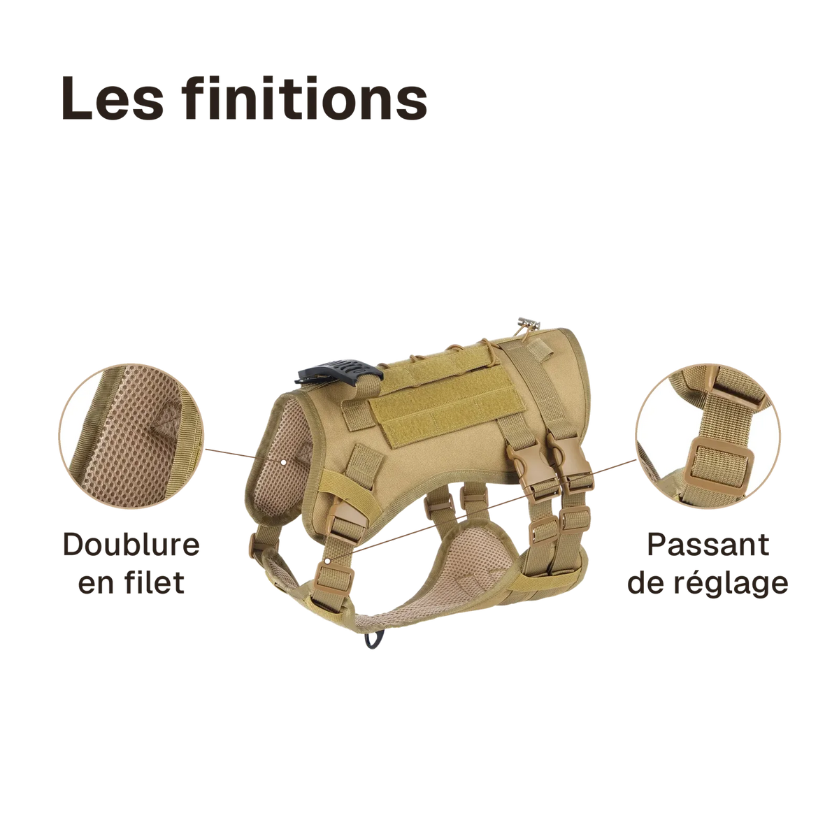Les finitions du harnais 3 points tactique : doublure en filet, passant de réglage