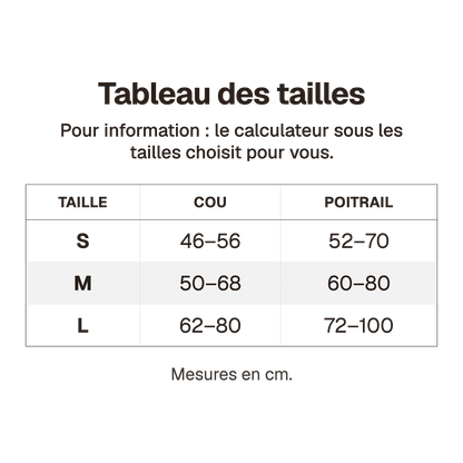 Tableau des tailles du harnais 3 points tactique en cm, pour information : le calculateur sous les tailles choisit pour vous