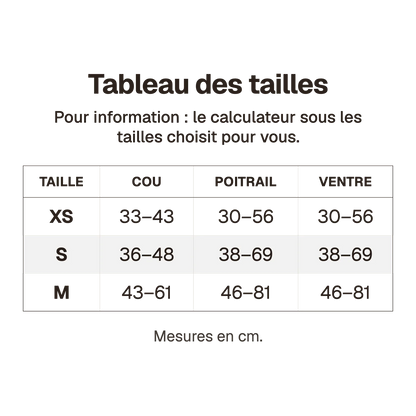 Tableau des tailles du harnais 3 points veste en cm, pour information : le calculateur sous les tailles choisit pour vous