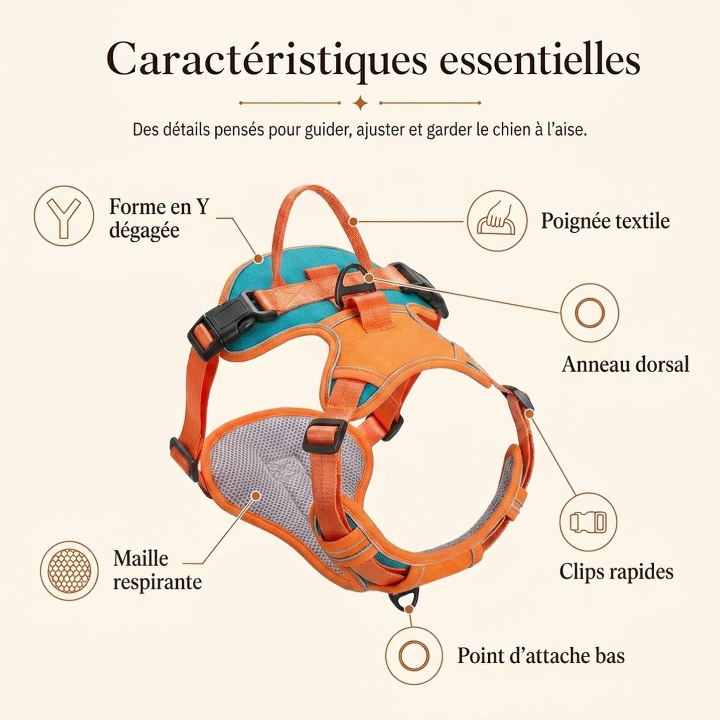 Harnais Chien Actif Respirant - caracteristiques essentielles