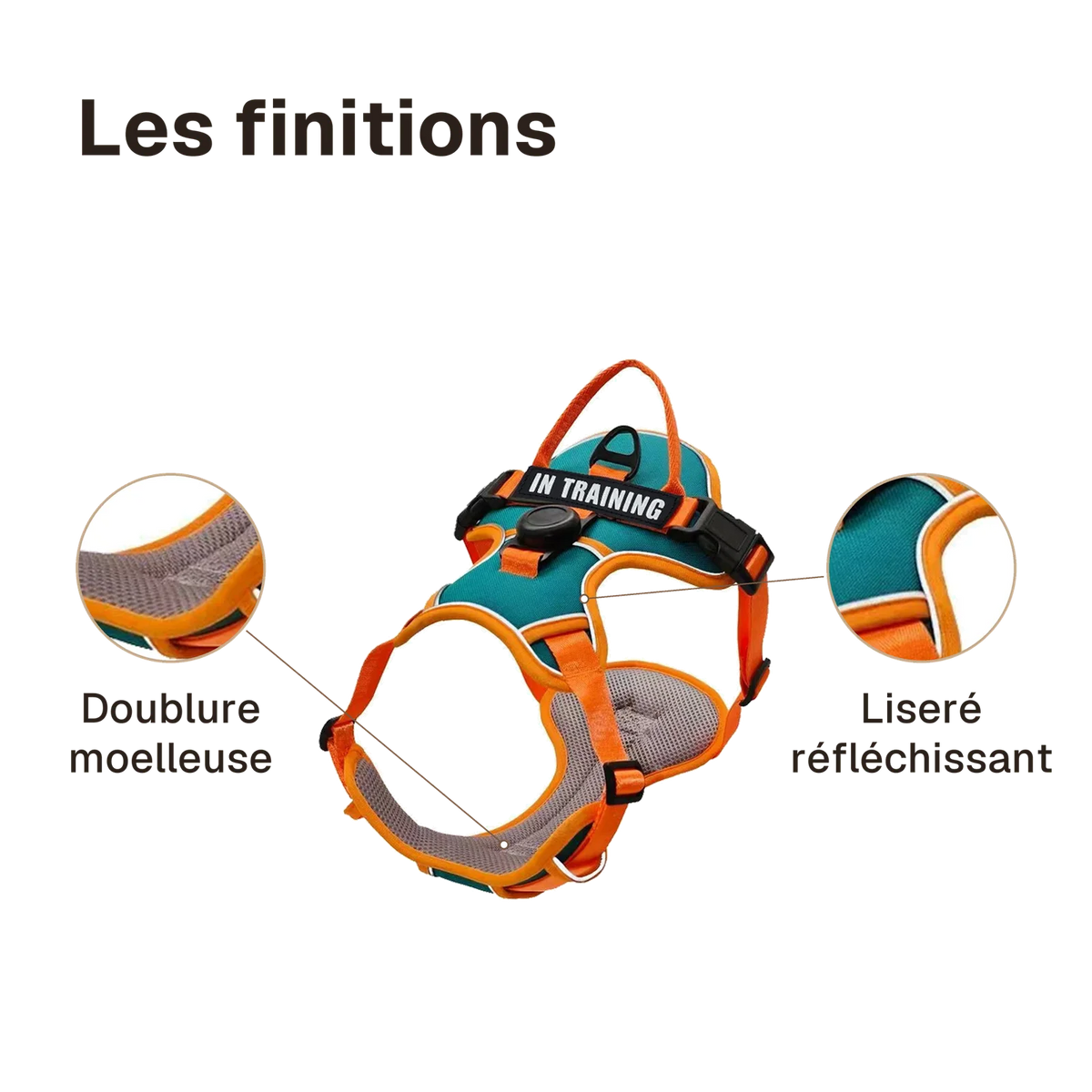 Les finitions du harnais Actif Respirant : liseré réfléchissant, doublure moelleuse