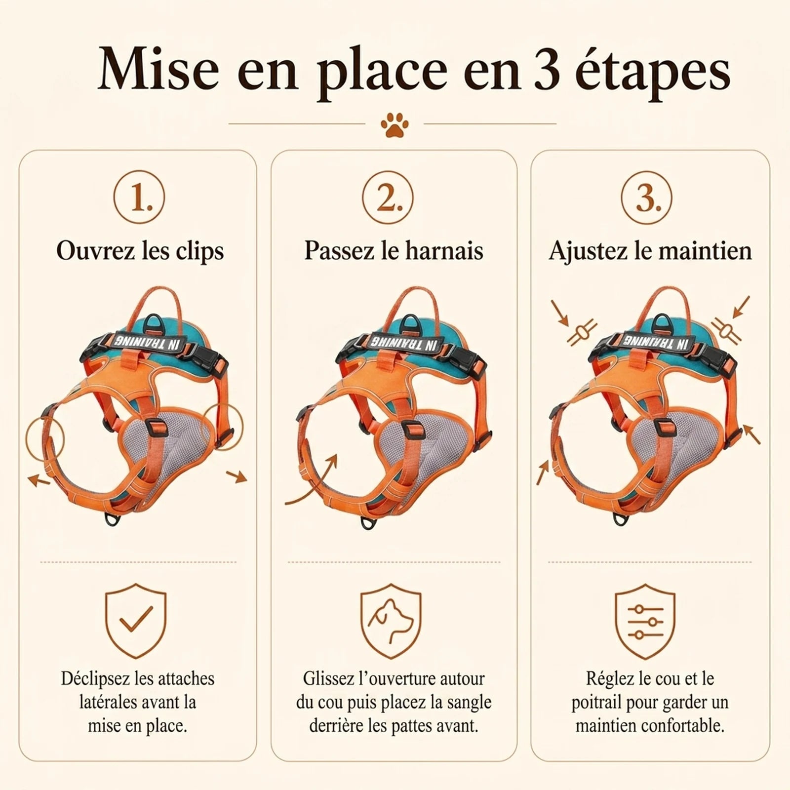 Harnais Chien Actif Respirant - mise en place 3 etapes