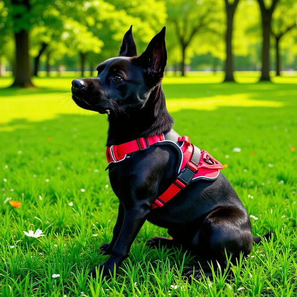 Harnais chien Actif Respirant coloris rouge, porté dans un parc
