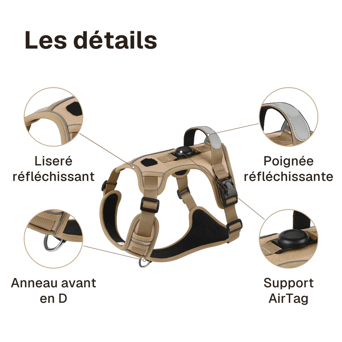 Les détails du harnais chien anti traction avec support airtag : liseré réfléchissant, anneau avant en d, poignée réfléchissante, support airtag