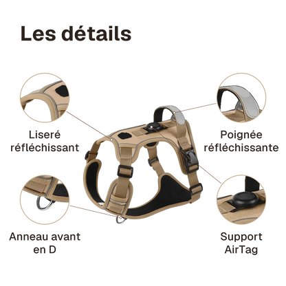 Les détails du harnais chien anti traction avec support airtag : liseré réfléchissant, anneau avant en d, poignée réfléchissante, support airtag