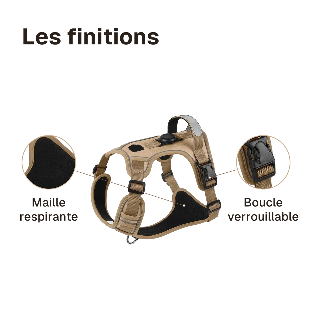 Les finitions du harnais chien anti traction avec support airtag : maille respirante, boucle verrouillable
