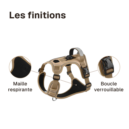 Les finitions du harnais chien anti traction avec support airtag : maille respirante, boucle verrouillable