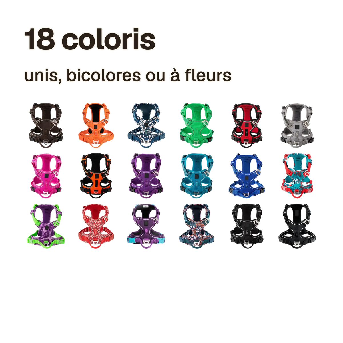 Harnais chien anti traction ergonomique en 18 coloris