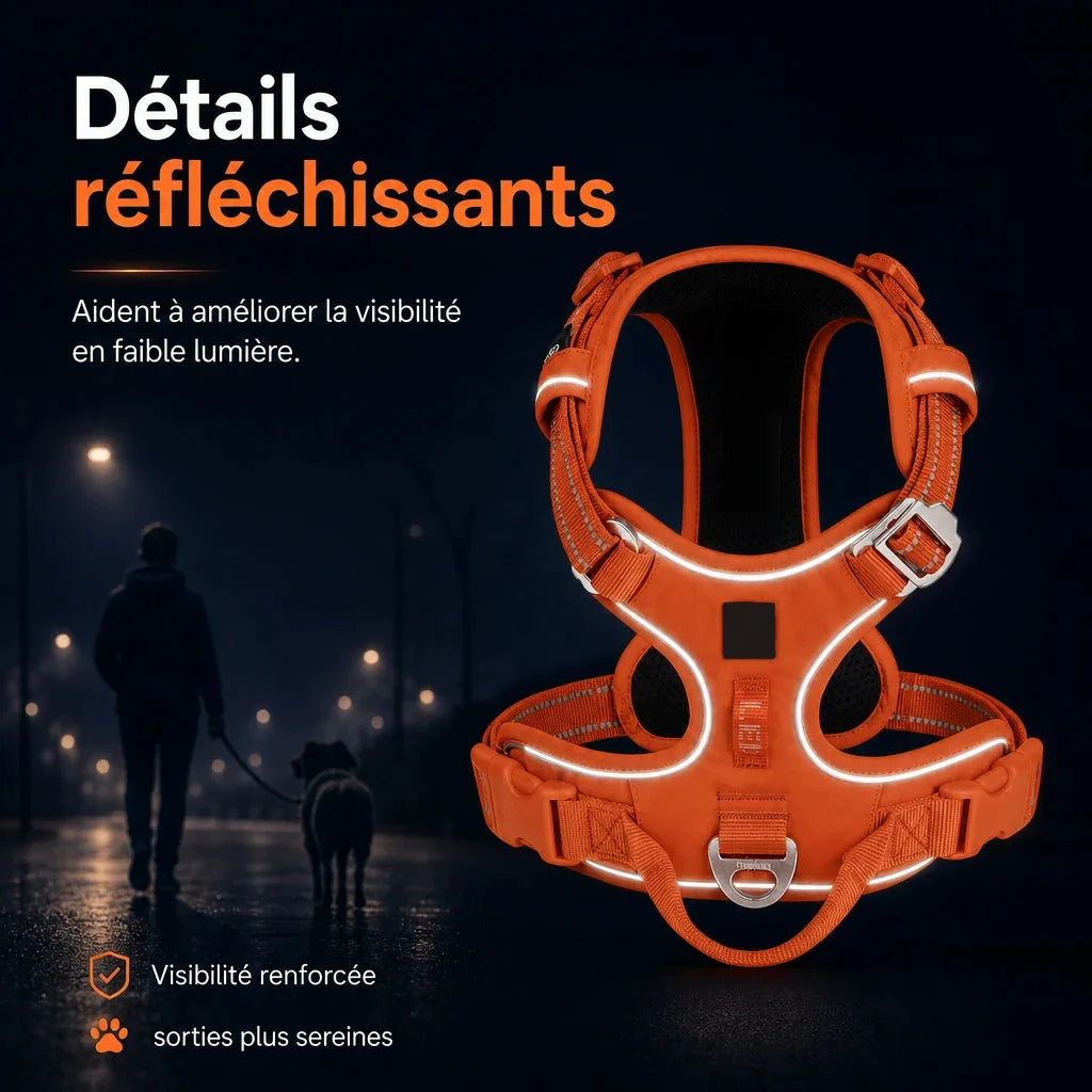 Détails réfléchissants du harnais chien anti traction ergonomique, visibles la nuit