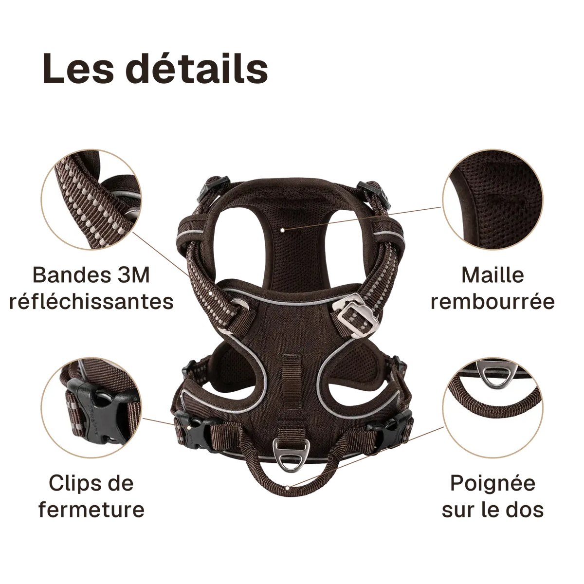 Les détails du harnais chien anti traction ergonomique : bandes 3m réfléchissantes, clips de fermeture, maille rembourrée, poignée sur le dos