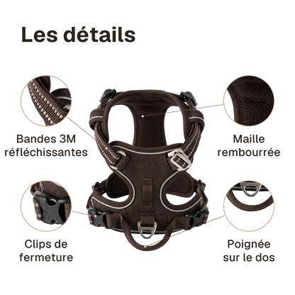 Les détails du harnais chien anti traction ergonomique : bandes 3m réfléchissantes, clips de fermeture, maille rembourrée, poignée sur le dos