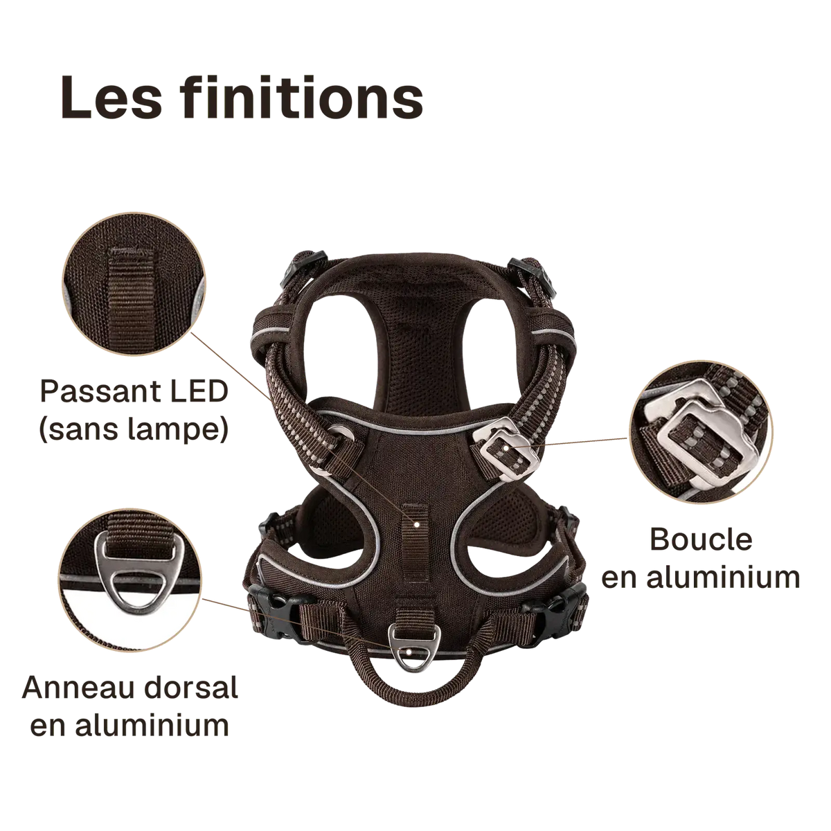 Les finitions du harnais chien anti traction ergonomique : passant led (sans lampe), anneau dorsal en aluminium, boucle en aluminium
