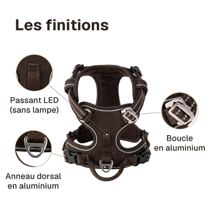 Les finitions du harnais chien anti traction ergonomique : passant led (sans lampe), anneau dorsal en aluminium, boucle en aluminium