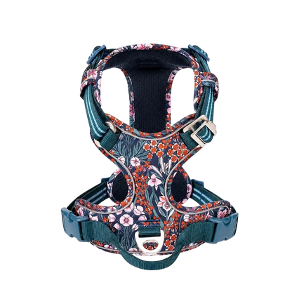 Harnais chien anti-traction ergonomique, coloris floral bleu, vue produit