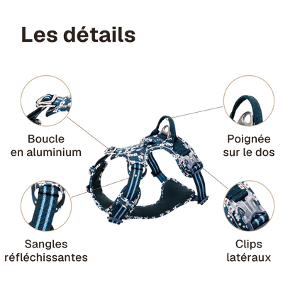 Les détails du harnais chien anti traction floral : boucle en aluminium, sangles réfléchissantes, poignée sur le dos, clips latéraux
