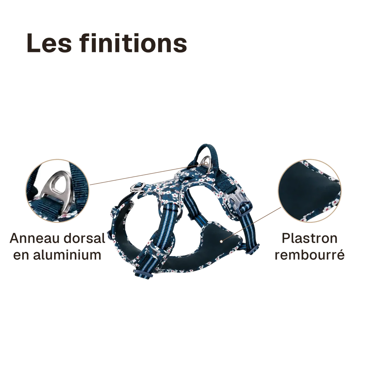 Les finitions du harnais chien anti traction floral : anneau dorsal en aluminium, plastron rembourré
