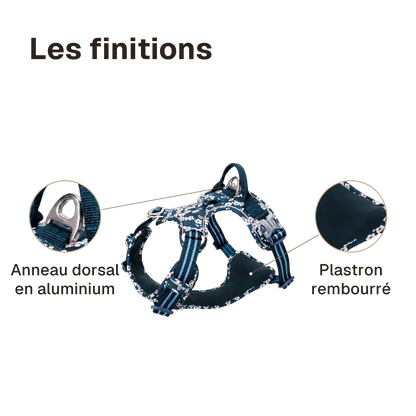 Les finitions du harnais chien anti traction floral : anneau dorsal en aluminium, plastron rembourré