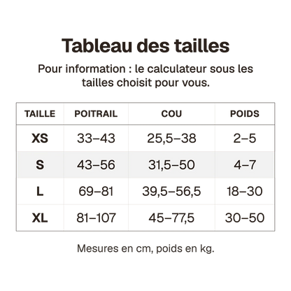 Tableau des tailles du harnais chien anti traction floral en cm, du XS au XL, pour information : le calculateur sous les tailles choisit pour vous