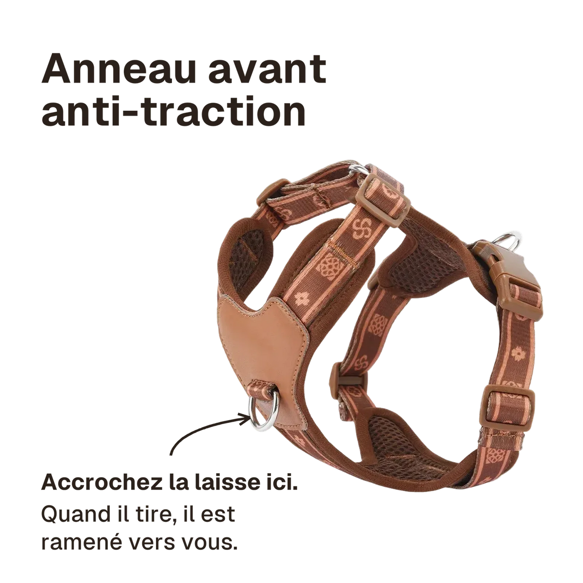 Harnais Chien Anti Traction Léger : accrochez la laisse à l'anneau avant, le chien est ramené vers vous