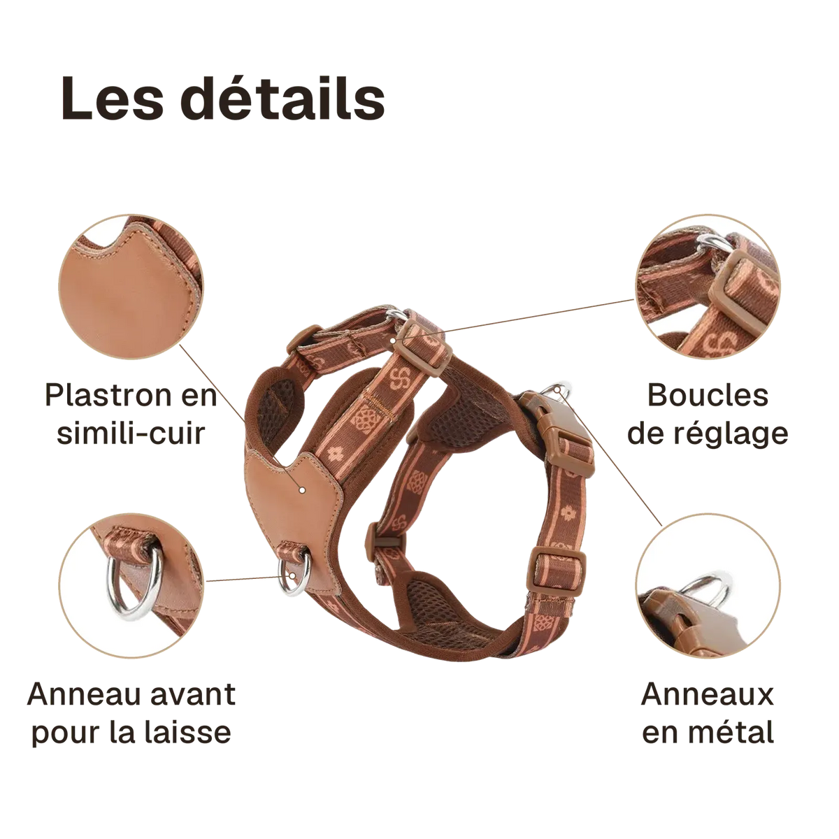 Les détails du harnais chien anti traction léger : plastron en simili-cuir, anneau avant pour la laisse, boucles de réglage, anneaux en métal