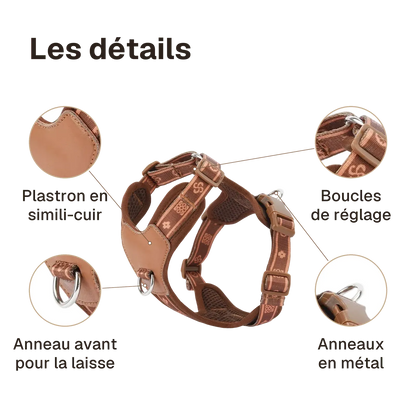 Les détails du harnais chien anti traction léger : plastron en simili-cuir, anneau avant pour la laisse, boucles de réglage, anneaux en métal