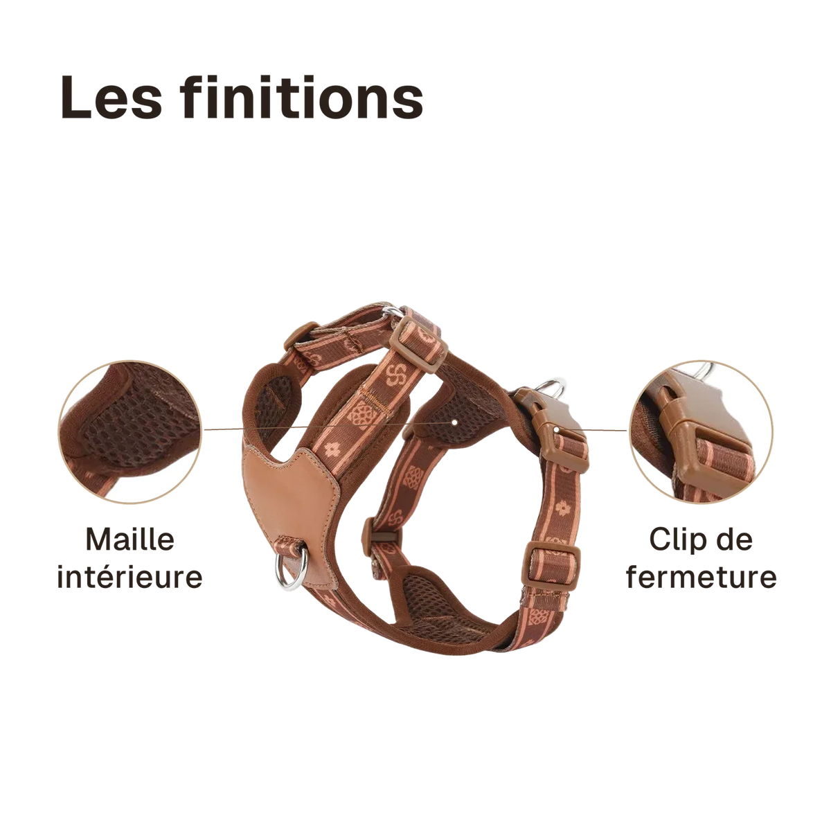 Les finitions du harnais chien anti traction léger : maille intérieure, clip de fermeture