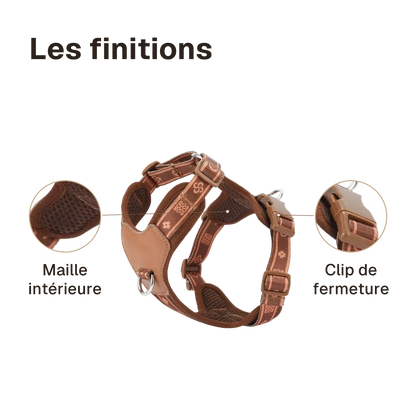 Les finitions du harnais chien anti traction léger : maille intérieure, clip de fermeture