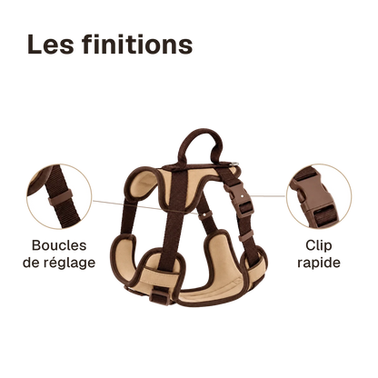 Les finitions du harnais chien anti traction original : boucles de réglage, clip rapide