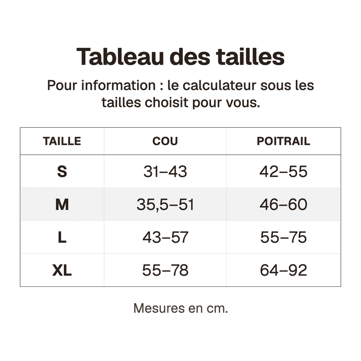 Tableau des tailles du harnais chien anti traction original en cm, pour information : le calculateur sous les tailles choisit pour vous