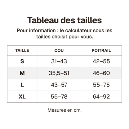 Tableau des tailles du harnais chien anti traction original en cm, pour information : le calculateur sous les tailles choisit pour vous