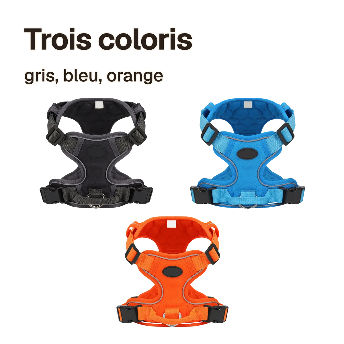 Les coloris du harnais chien anti traction réfléchissant