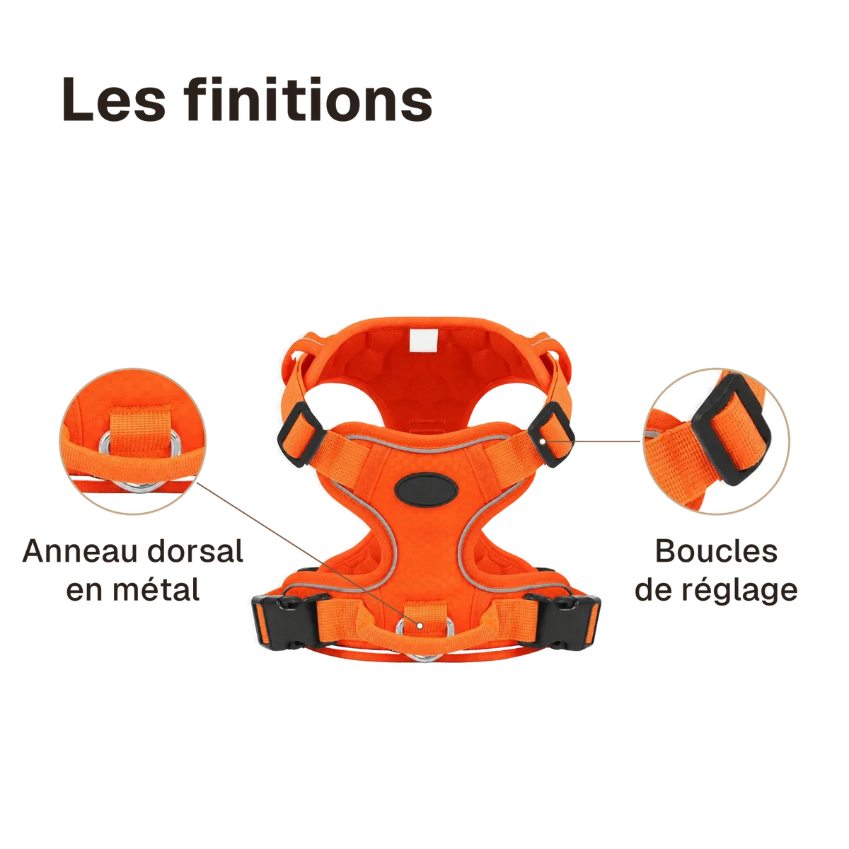 Les finitions du harnais chien anti traction réfléchissant : anneau dorsal en métal, boucles de réglage