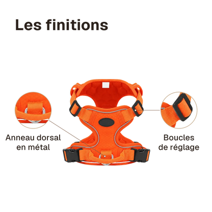 Les finitions du harnais chien anti traction réfléchissant : anneau dorsal en métal, boucles de réglage