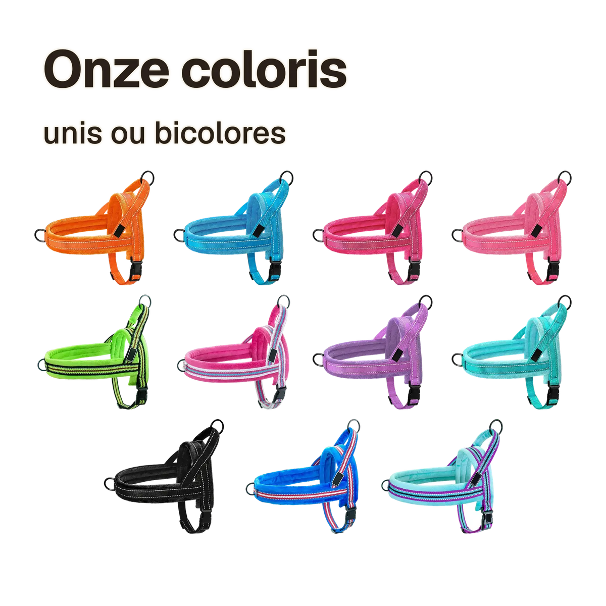 Les onze coloris du harnais chien anti traction rembourré, unis ou bicolores