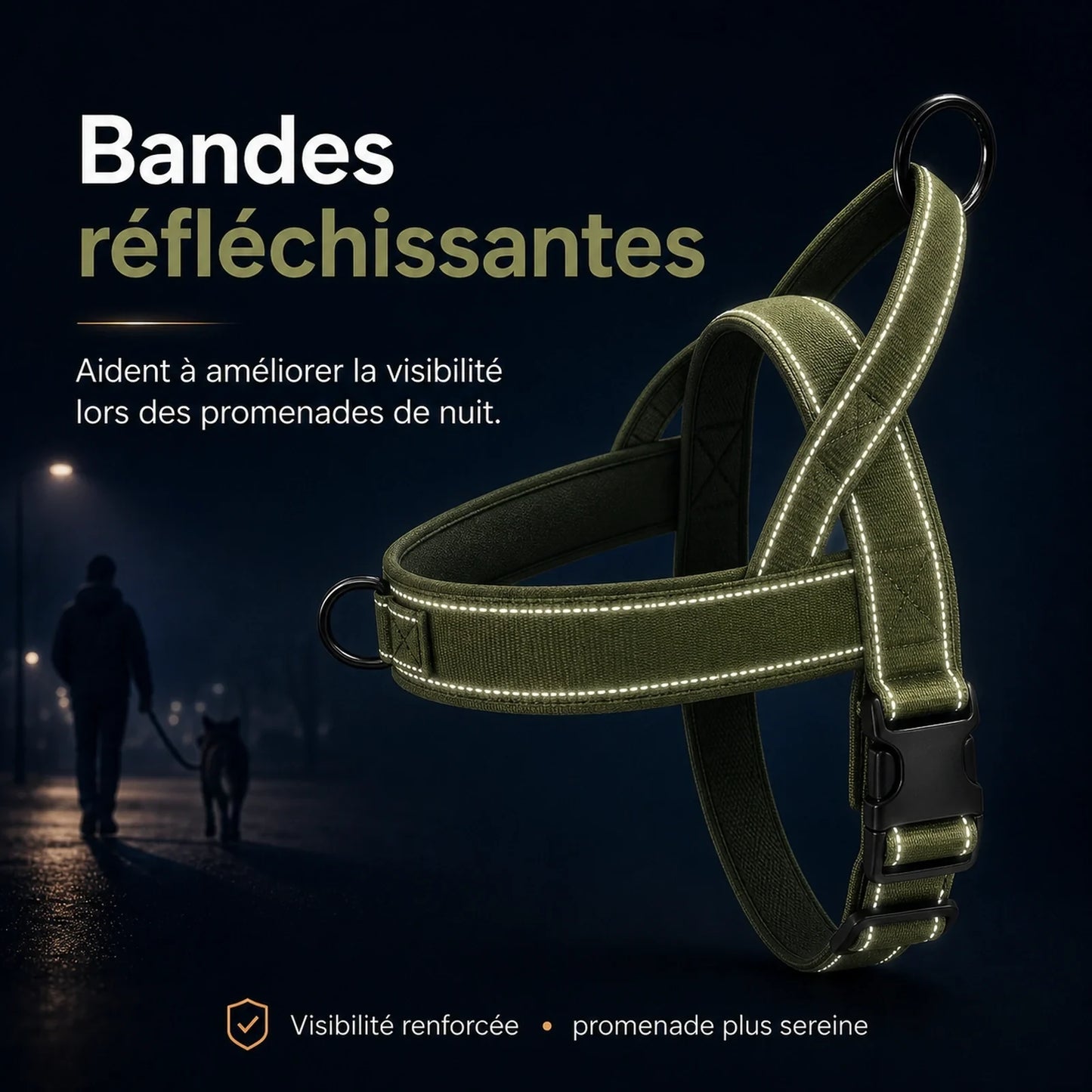 Harnais chien anti traction renforce - bandes reflechissantes
