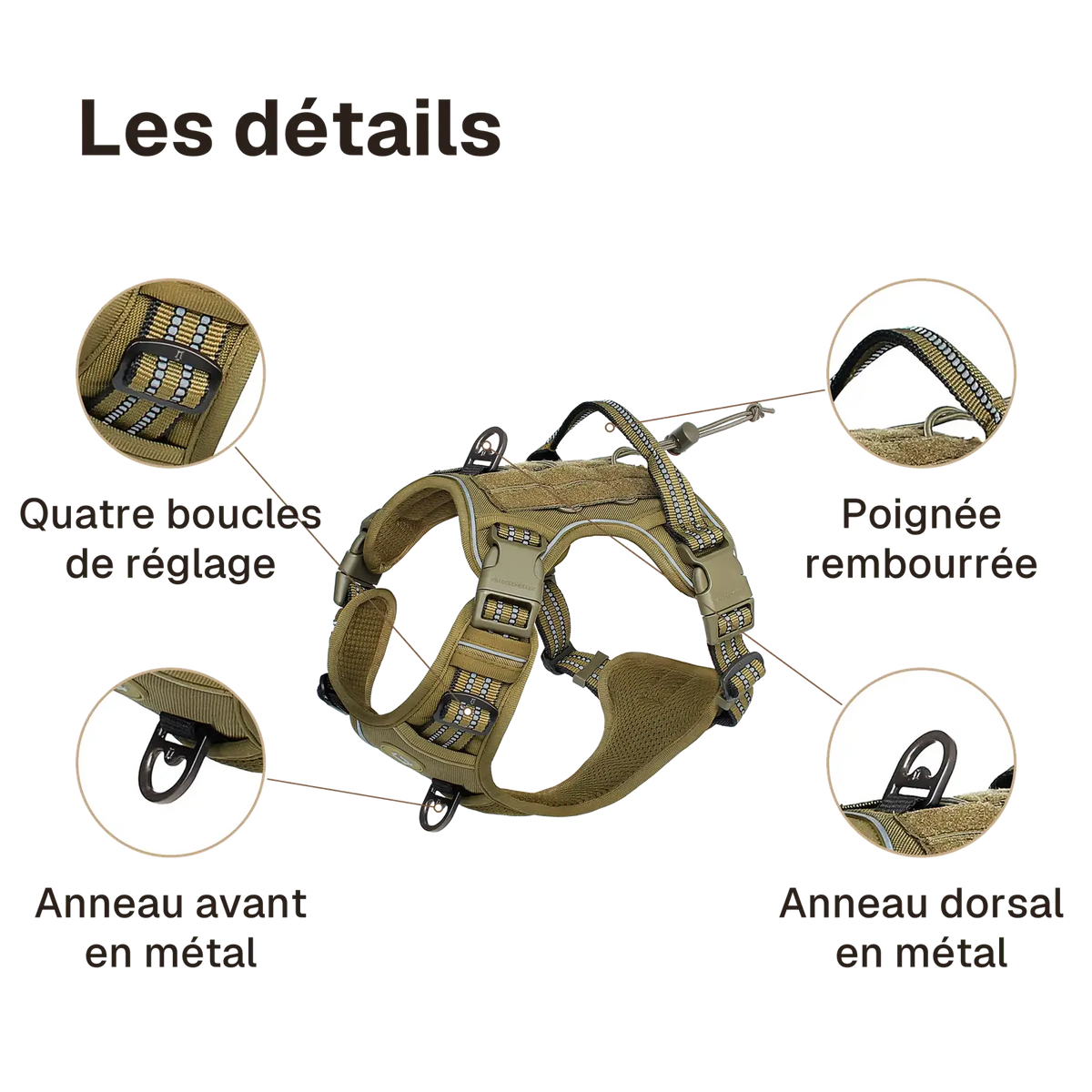 Les détails du harnais chien anti traction tactique : quatre boucles de réglage, anneau avant en métal, poignée rembourrée, anneau dorsal en métal