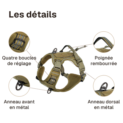 Les détails du harnais chien anti traction tactique : quatre boucles de réglage, anneau avant en métal, poignée rembourrée, anneau dorsal en métal