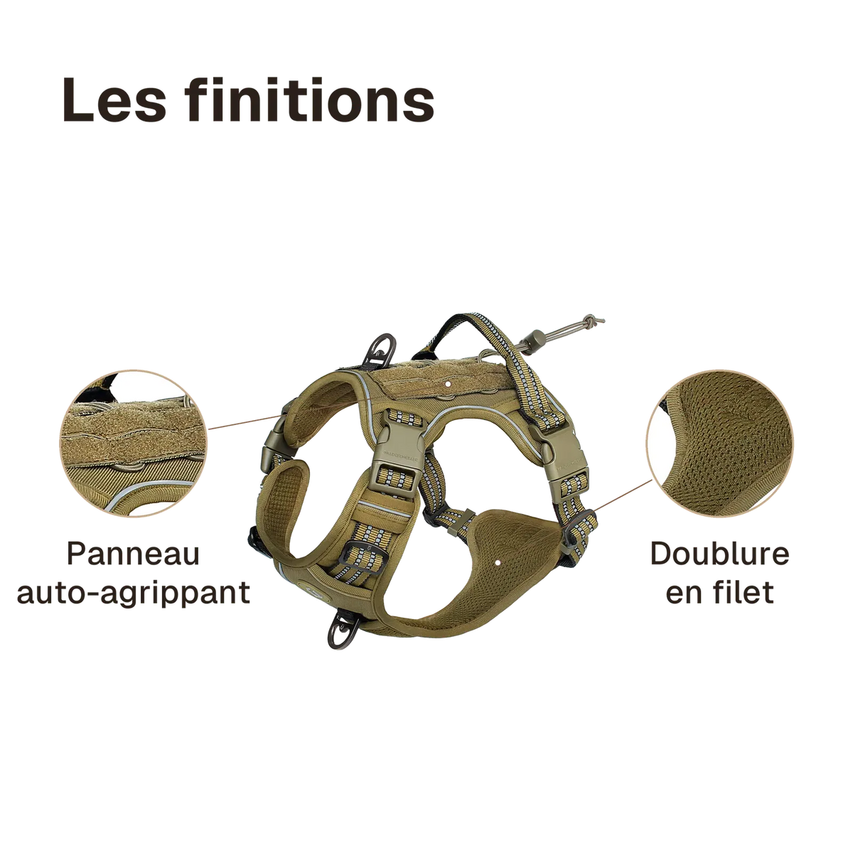 Les finitions du harnais chien anti traction tactique : panneau auto-agrippant, doublure en filet