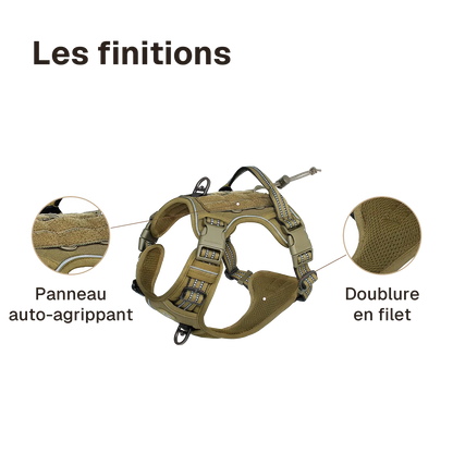 Les finitions du harnais chien anti traction tactique : panneau auto-agrippant, doublure en filet