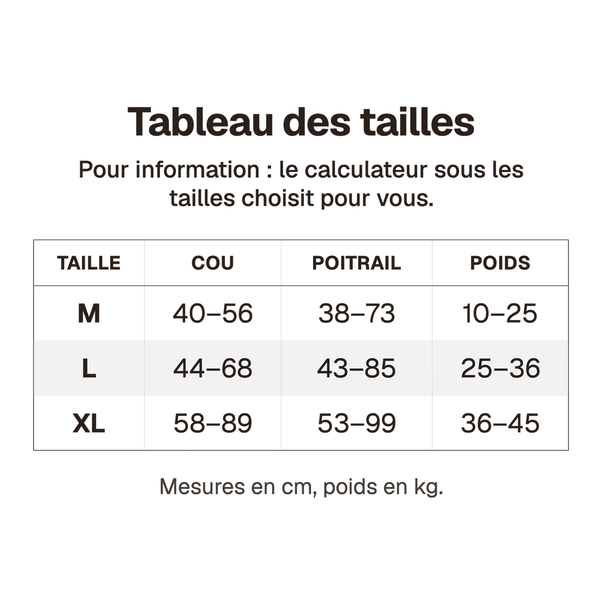 Tableau des tailles du harnais chien anti traction tactique en cm, pour information : le calculateur sous les tailles choisit pour vous