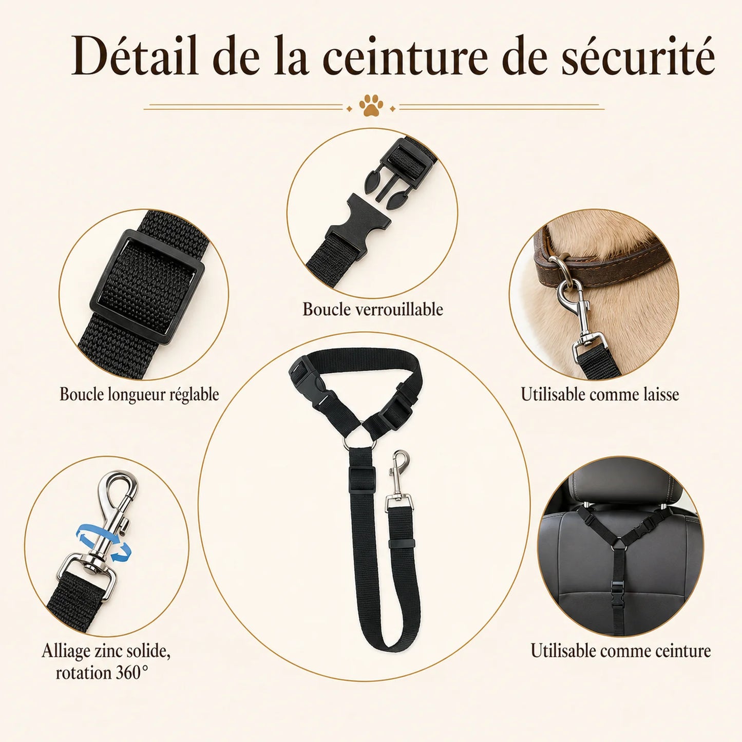 Attache Chien Voiture Appuie-Tête - Détail de la ceinture de sécurité